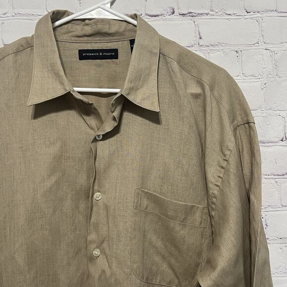 Preswick & Moore Button Up Dress Shirt Mens Sz XL Khaki Linen Blend Corp Church - Picture 2 of 9